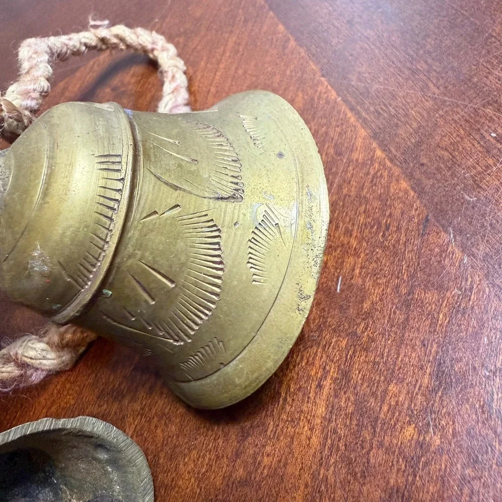 vintage indian brass hanging‎ bells lot of 4 hand engraved boho farmhouse decor